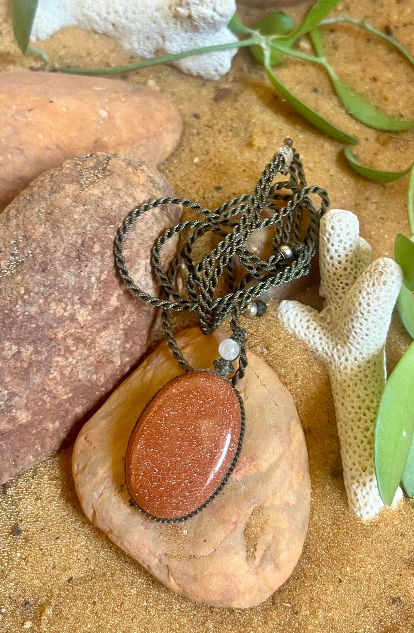 Sun stone Red Pendant - With adjustable macrame cord