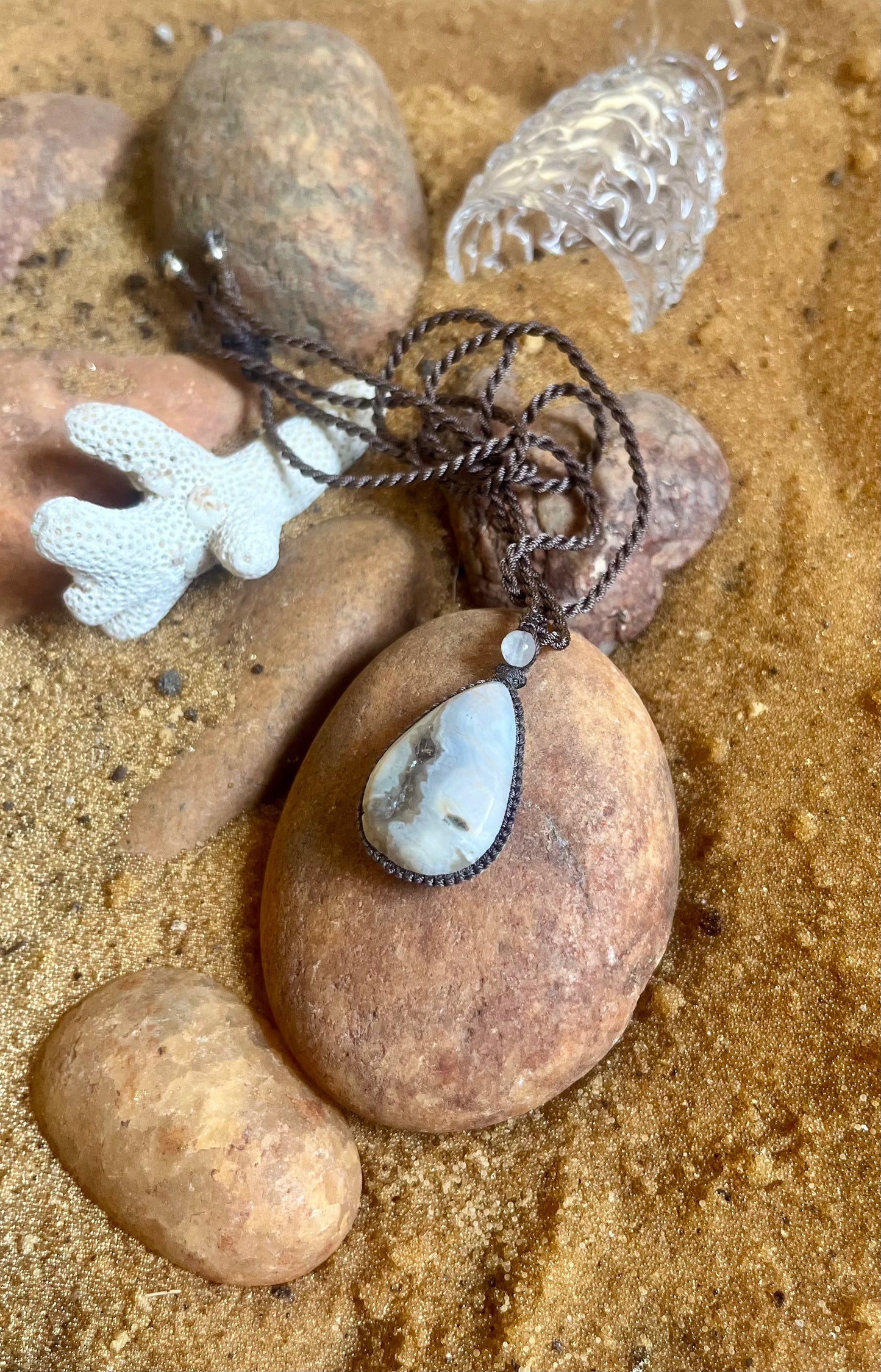 Mixed white AGATE Pendant - With adjustable macrame cord