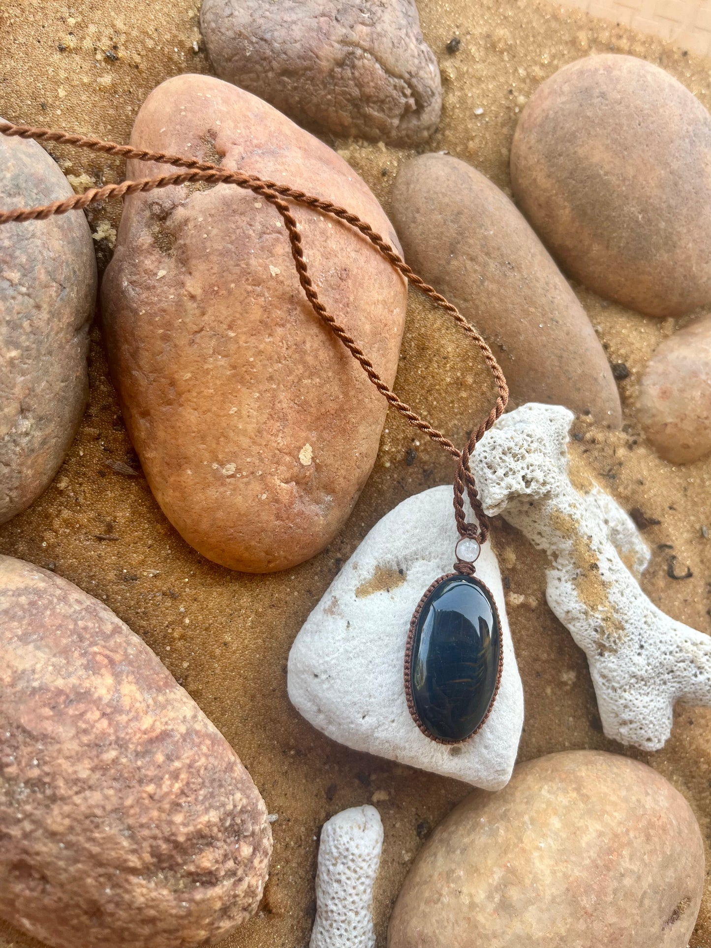 Blue Tiger Eye Deep Blue with earthy strips Pendant - With adjustable macrame cord
