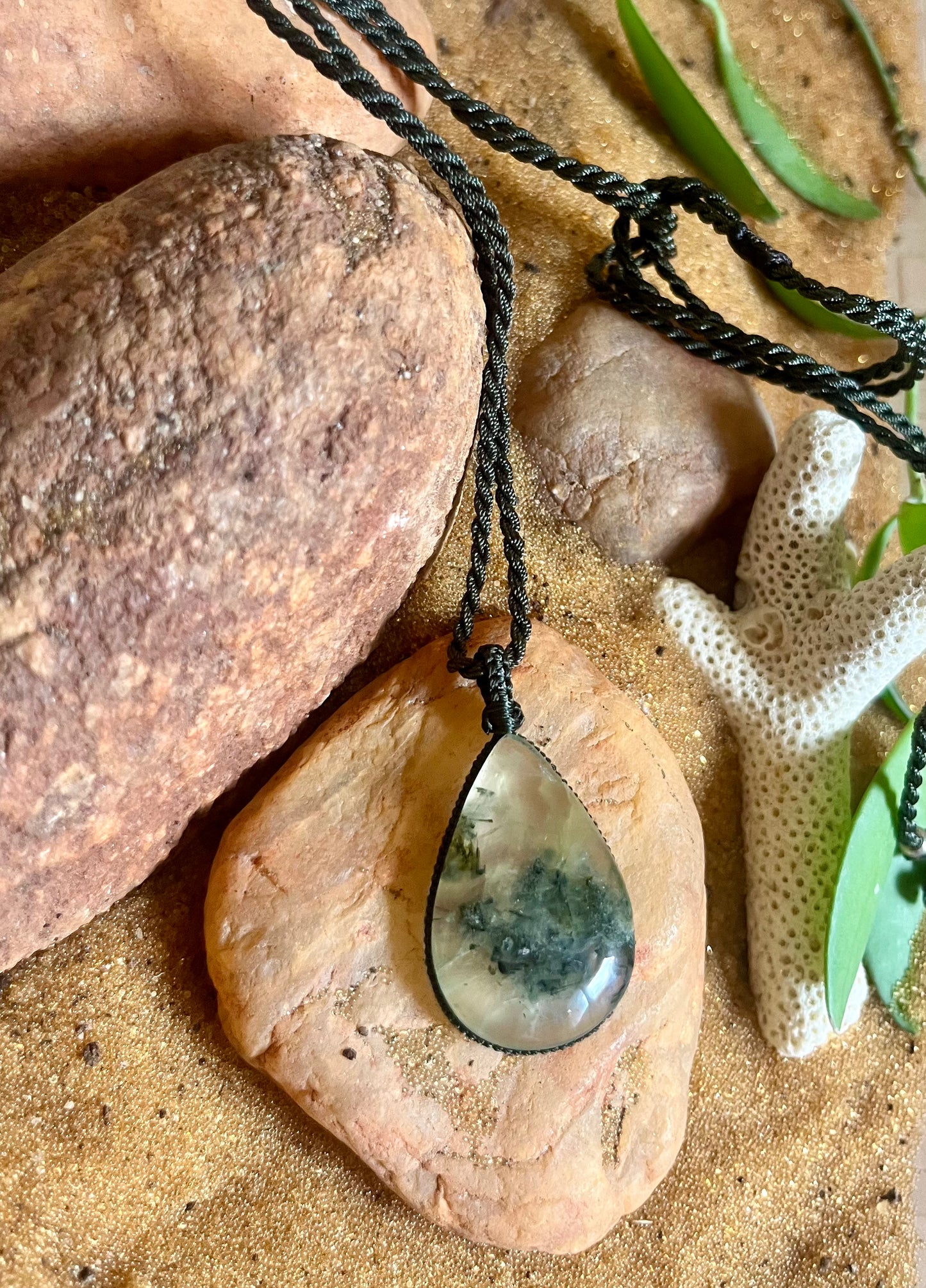 Prehnite stone pendant on macrame cord, handmade season stones prehnite chain with natural green gemstone and knotted design.