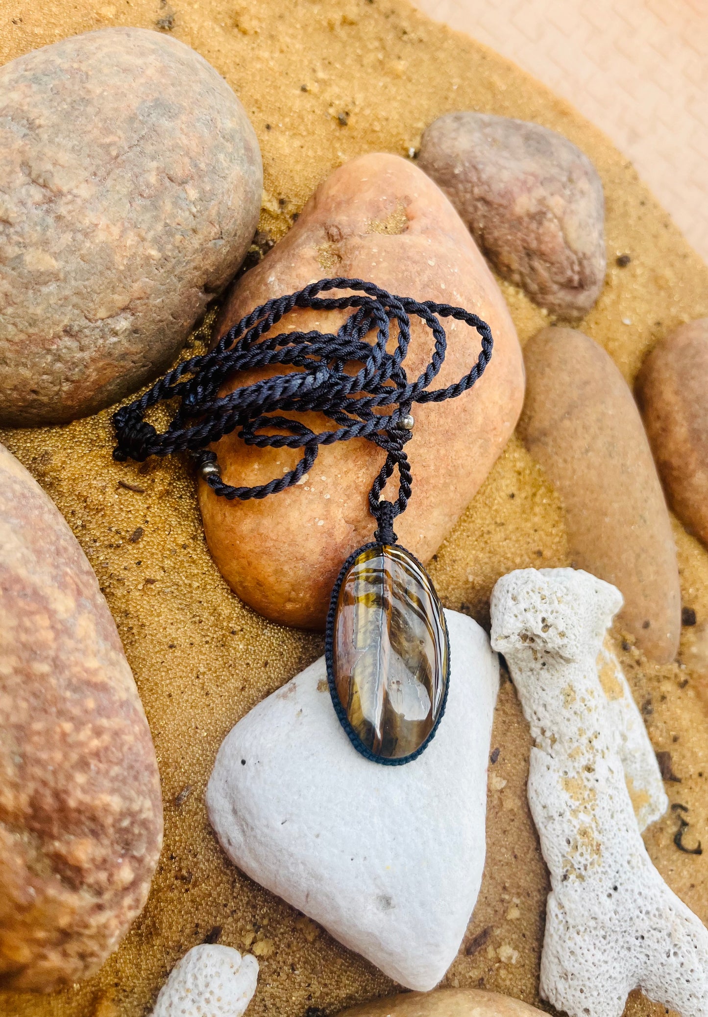 Tiger Eye woodish earthy strips Pendant - With adjustable macrame cord