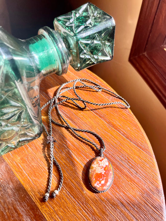 RHODONITE  Red - Brown - Earthy  Pendant - With adjustable macrame cord