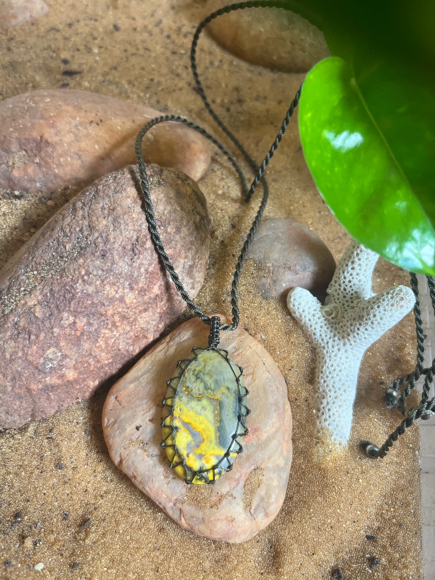 Bumbel B Jasper Green/Yellow/Earthy Pendant - With adjustable macrame cord