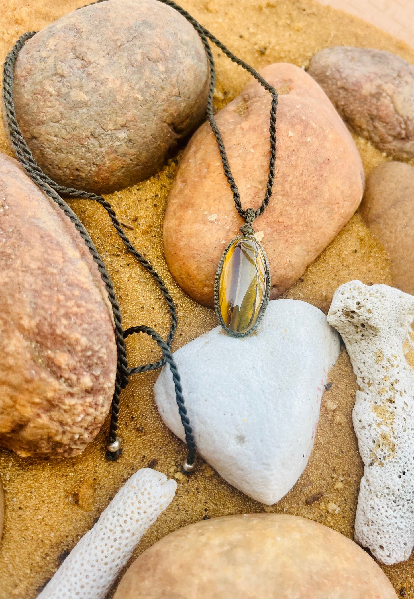 Tiger Eye woodish earthy strips Pendant - With adjustable macrame cord