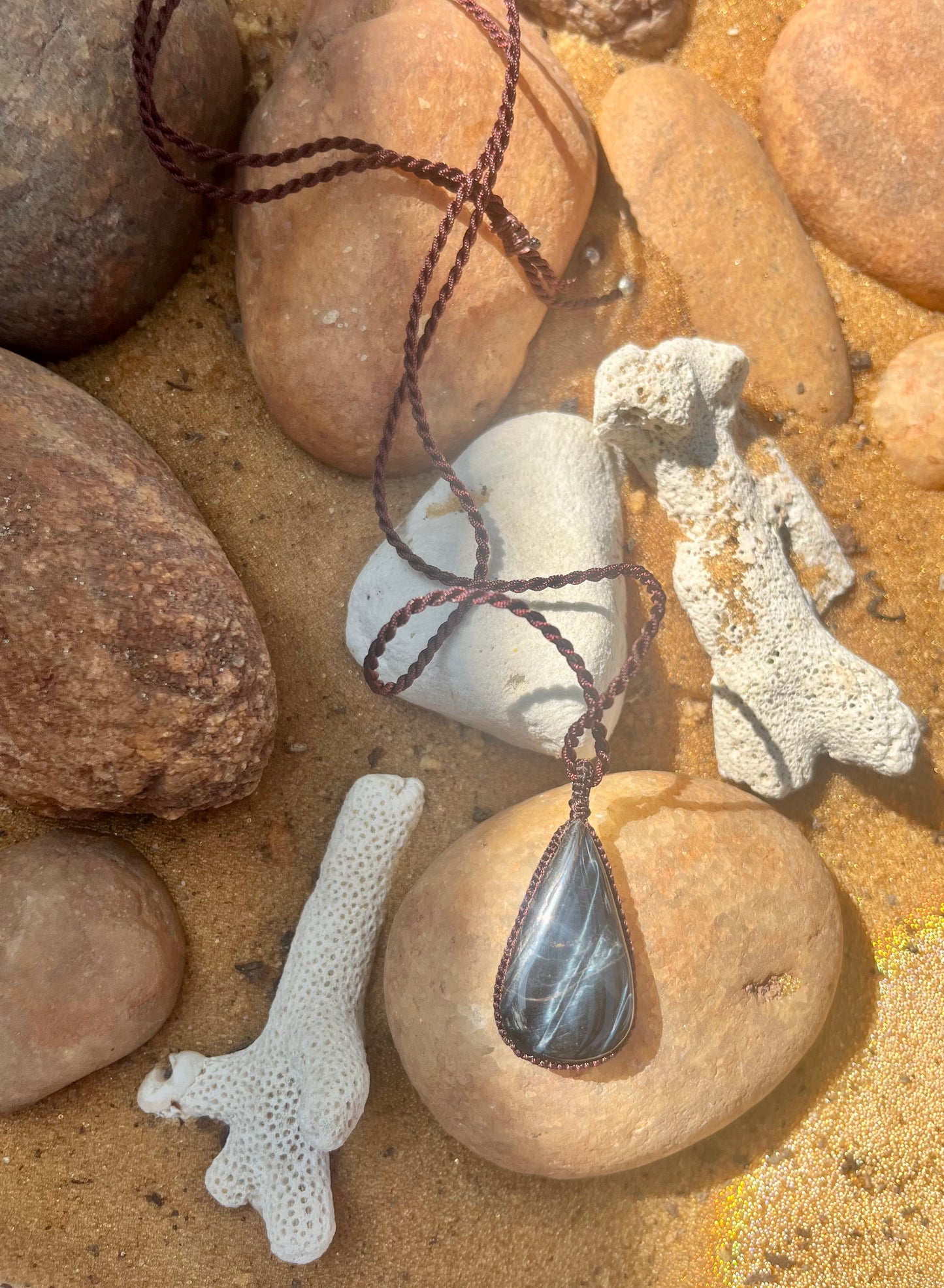 Blue Tiger Eye Deep Blue with earthy strips Pendant - With adjustable macrame cord
