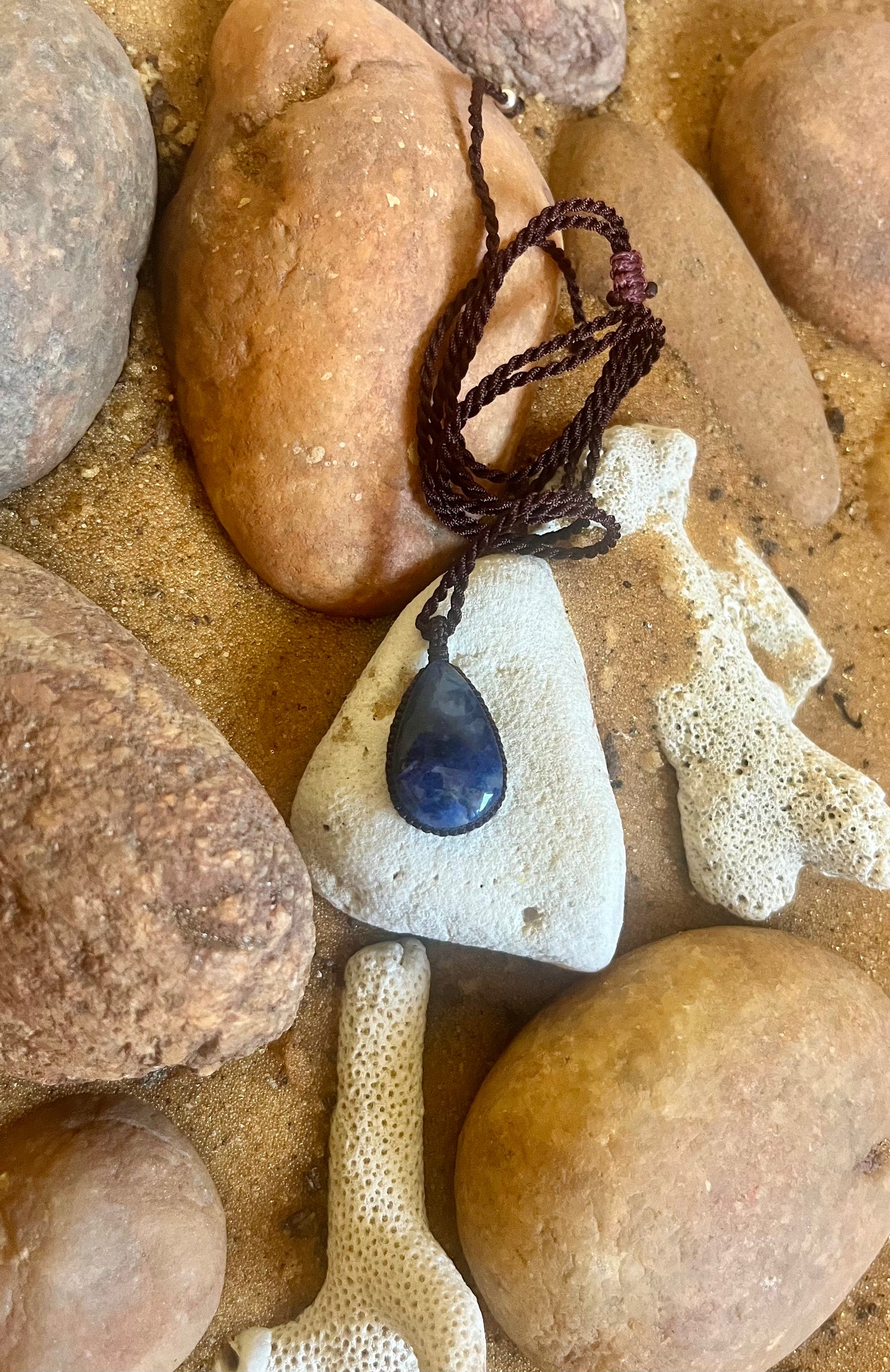 Sodalite	Earthy Blue  Pendant - With adjustable macrame cord