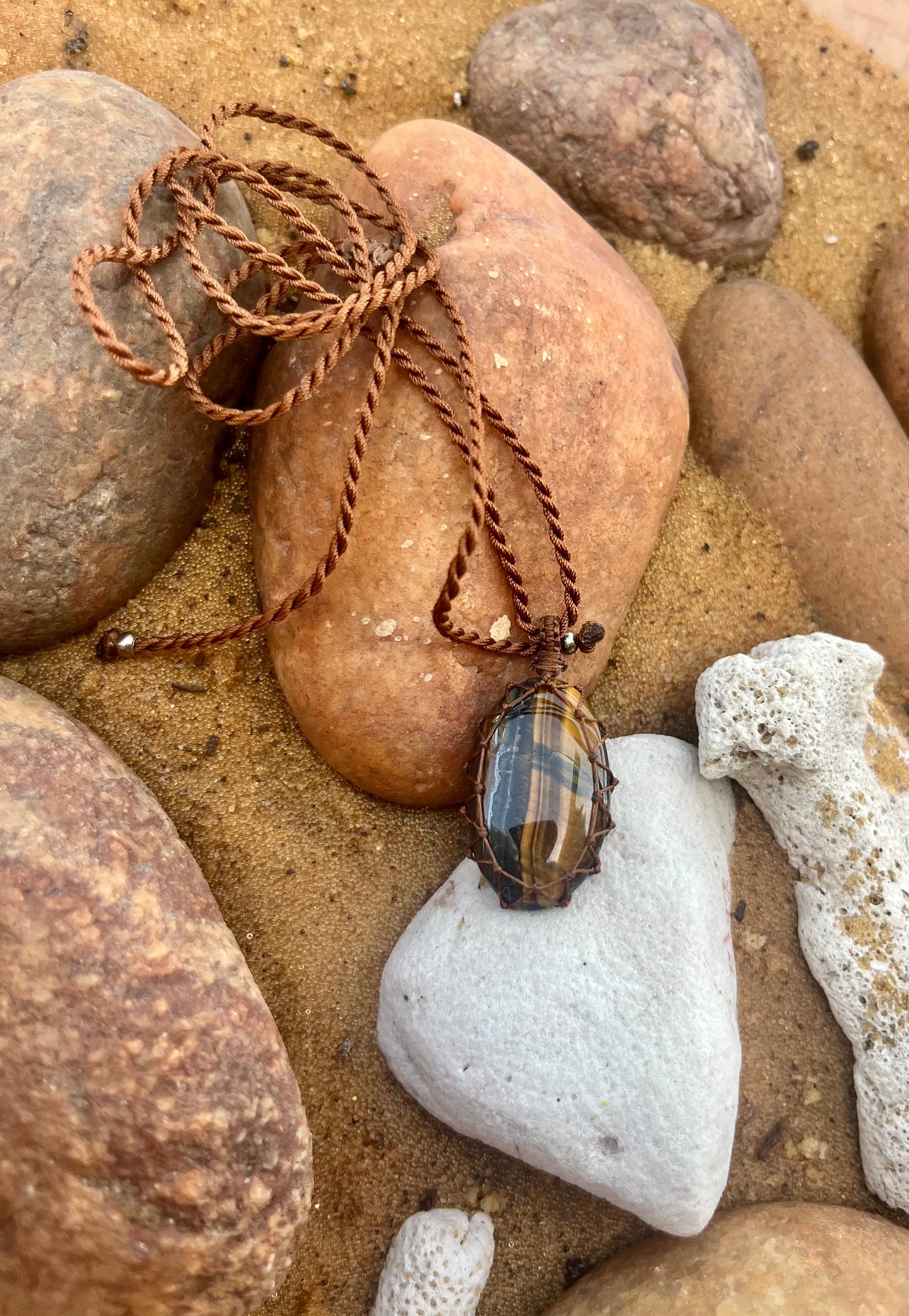Tiger Eye woodish earthy strips Pendant - With adjustable macrame cord