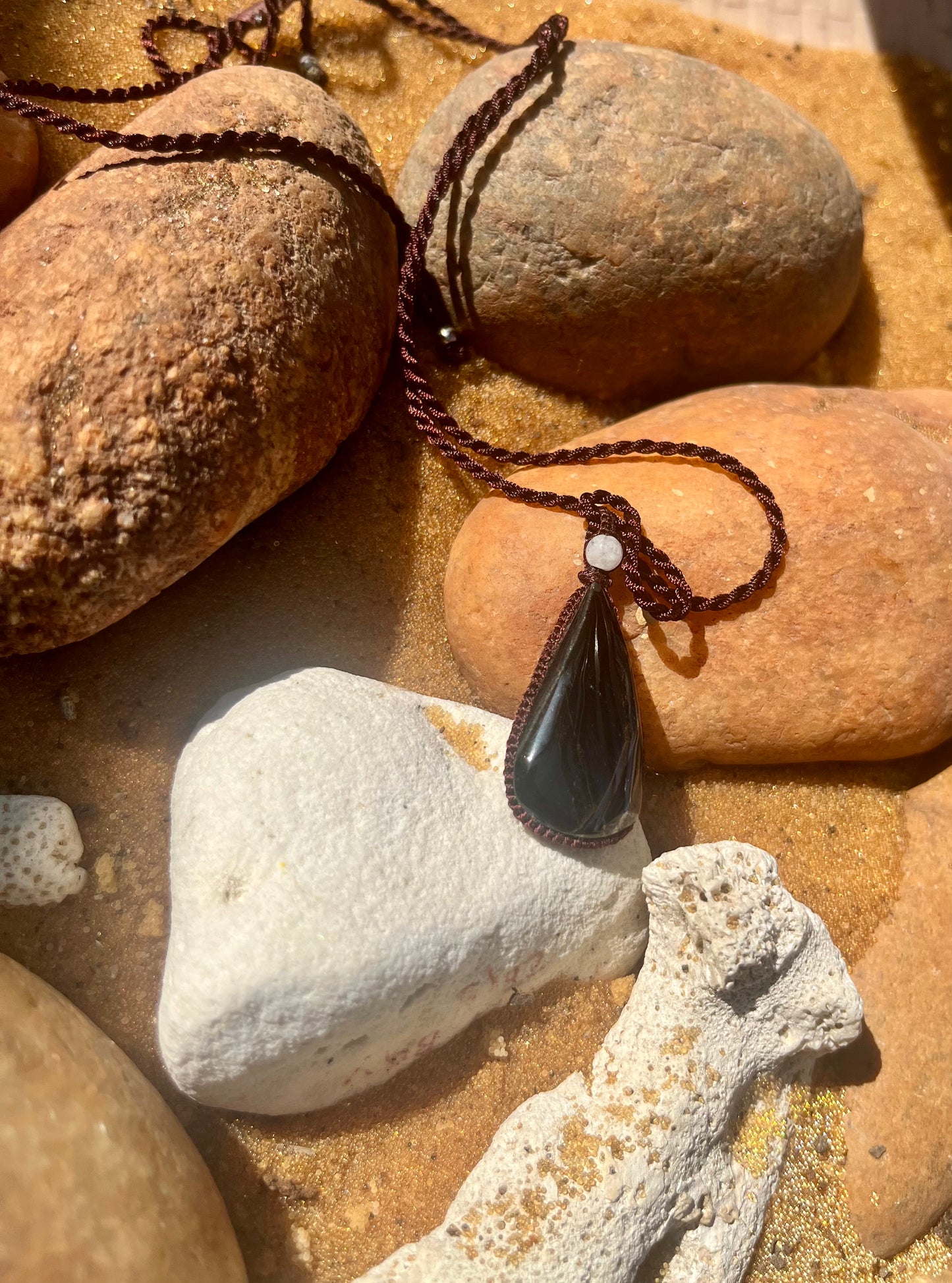 Blue Tiger Eye Deep Blue with earthy strips Pendant - With adjustable macrame cord