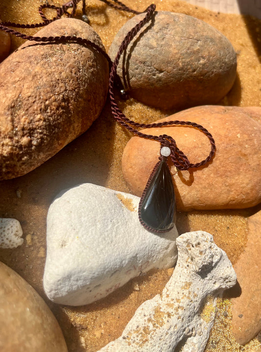 Blue Tiger Eye Deep Blue with earthy strips Pendant - With adjustable macrame cord