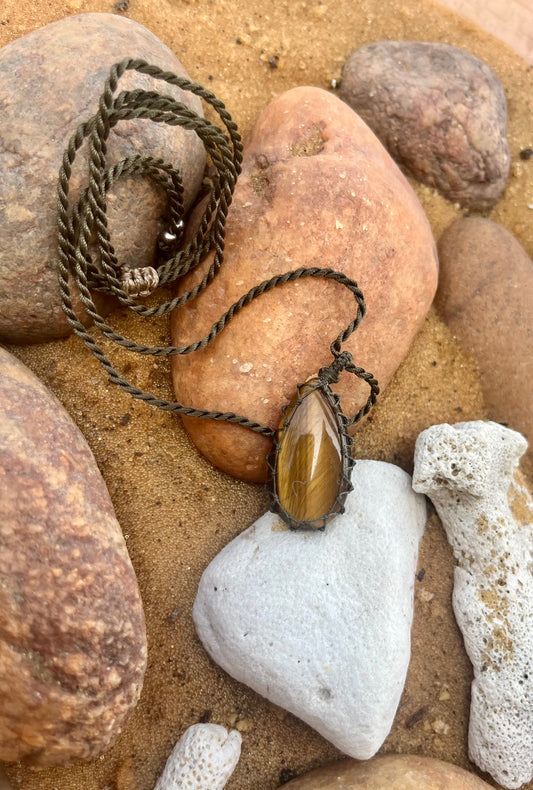 Tiger Eye woodish earthy strips Pendant - With adjustable macrame cord