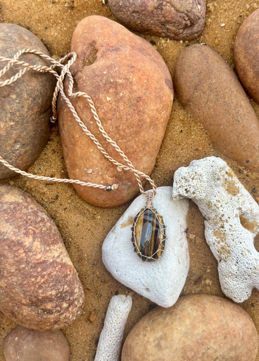 Tiger Eye woodish earthy strips Pendant - With adjustable macrame cord