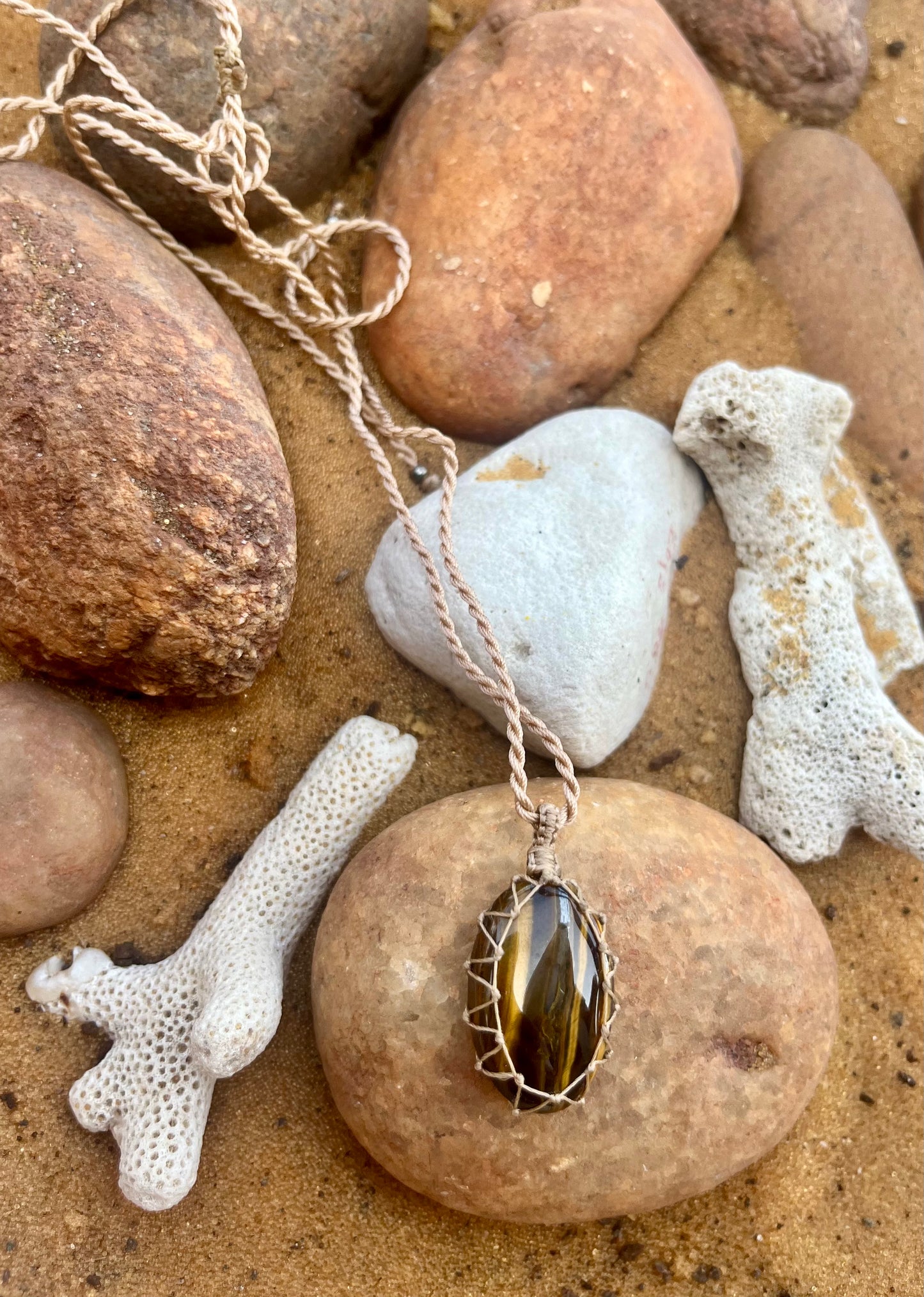 Tiger Eye woodish earthy strips Pendant - With adjustable macrame cord