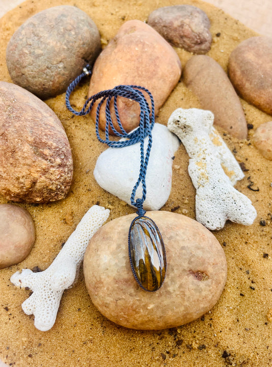 Tiger Eye woodish earthy strips Pendant - With adjustable macrame cord