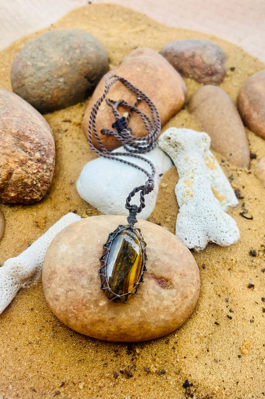 Tiger Eye woodish earthy strips Pendant - With adjustable macrame cord